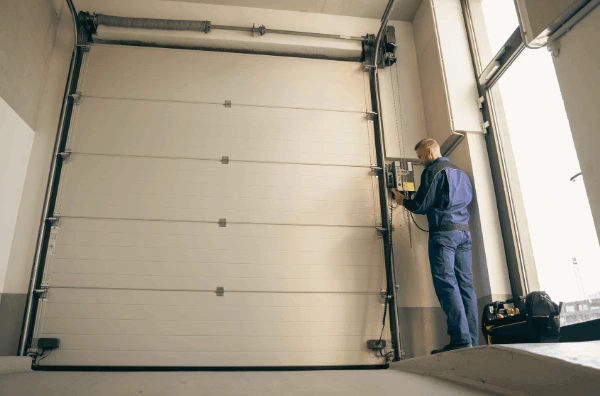 Technician checking a commercial door frame and opening in Charlotte, NC