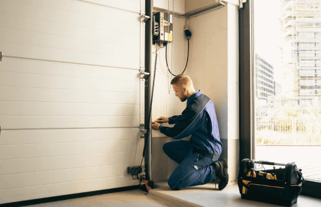 Technician fitting hardware at a commercial door opening in Charlotte, NC
